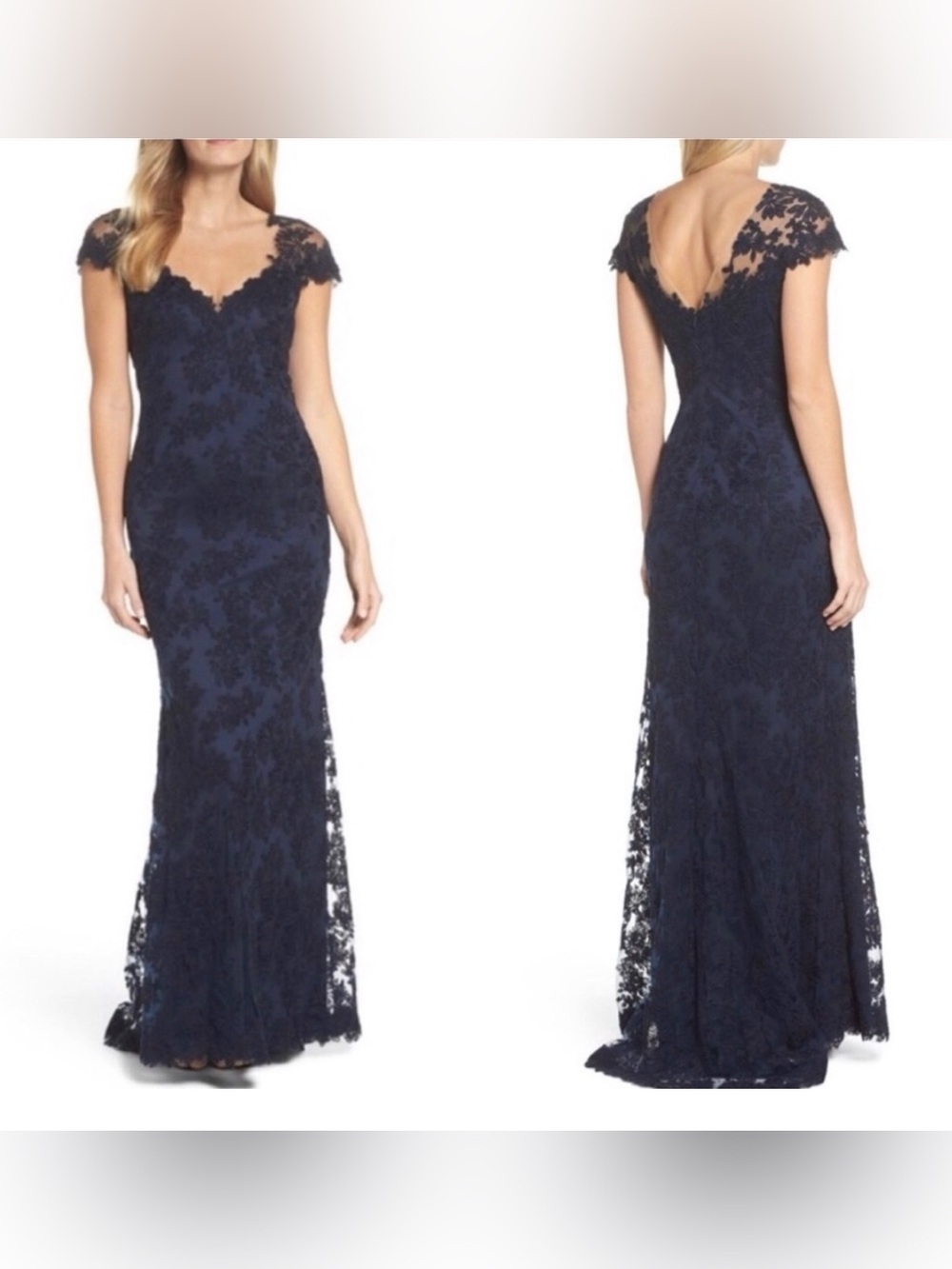 Tadashi Shoji Navy Blue Floral Embroidered Corded Lace Sheer Mesh Evening Gown 6